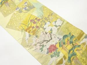 色紙に花々・群鶴模様織出し袋帯
